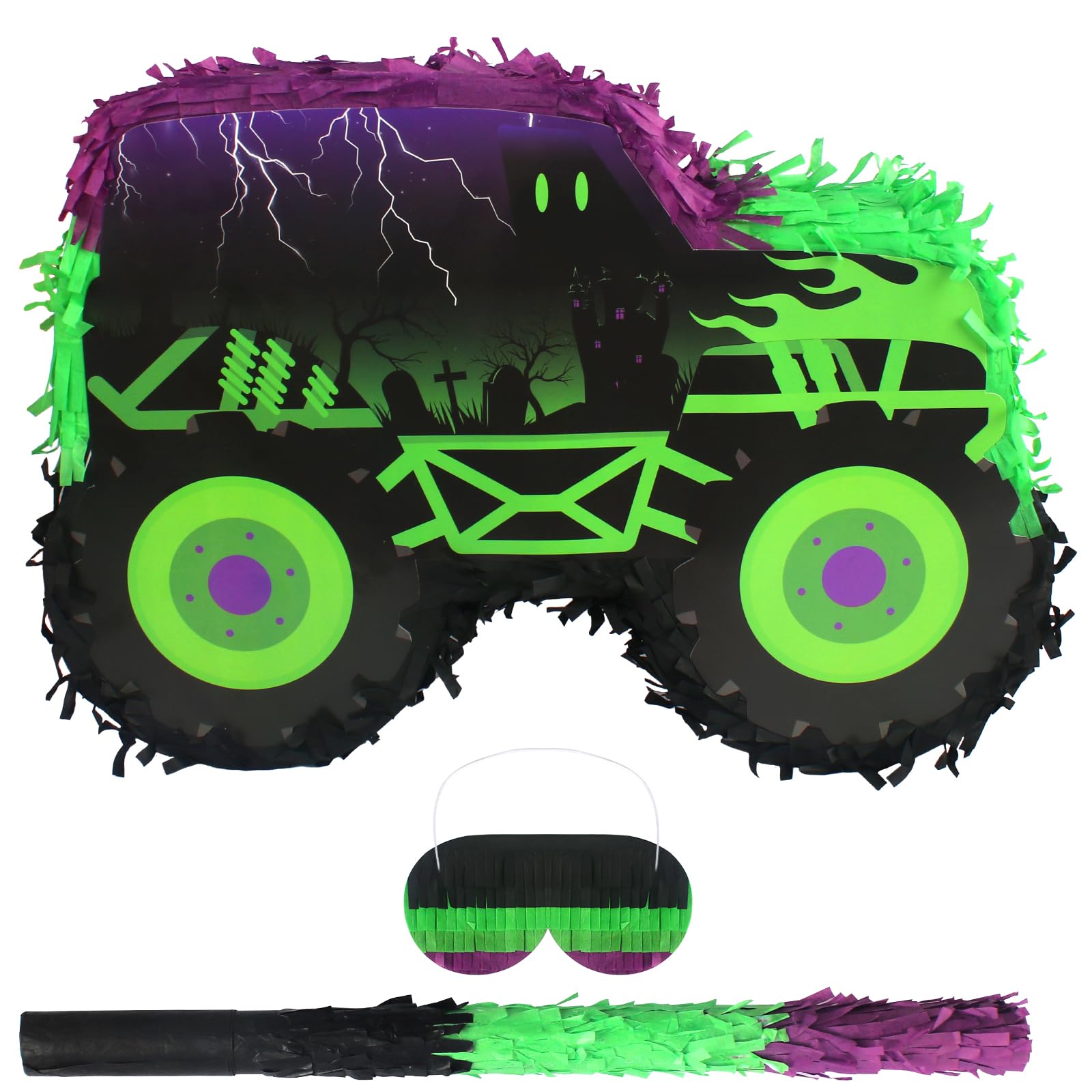 Kedaijin Green & Purple Monster Truck Pinata – Small (15.75x11x2.36 in) with Stick & Blindfold