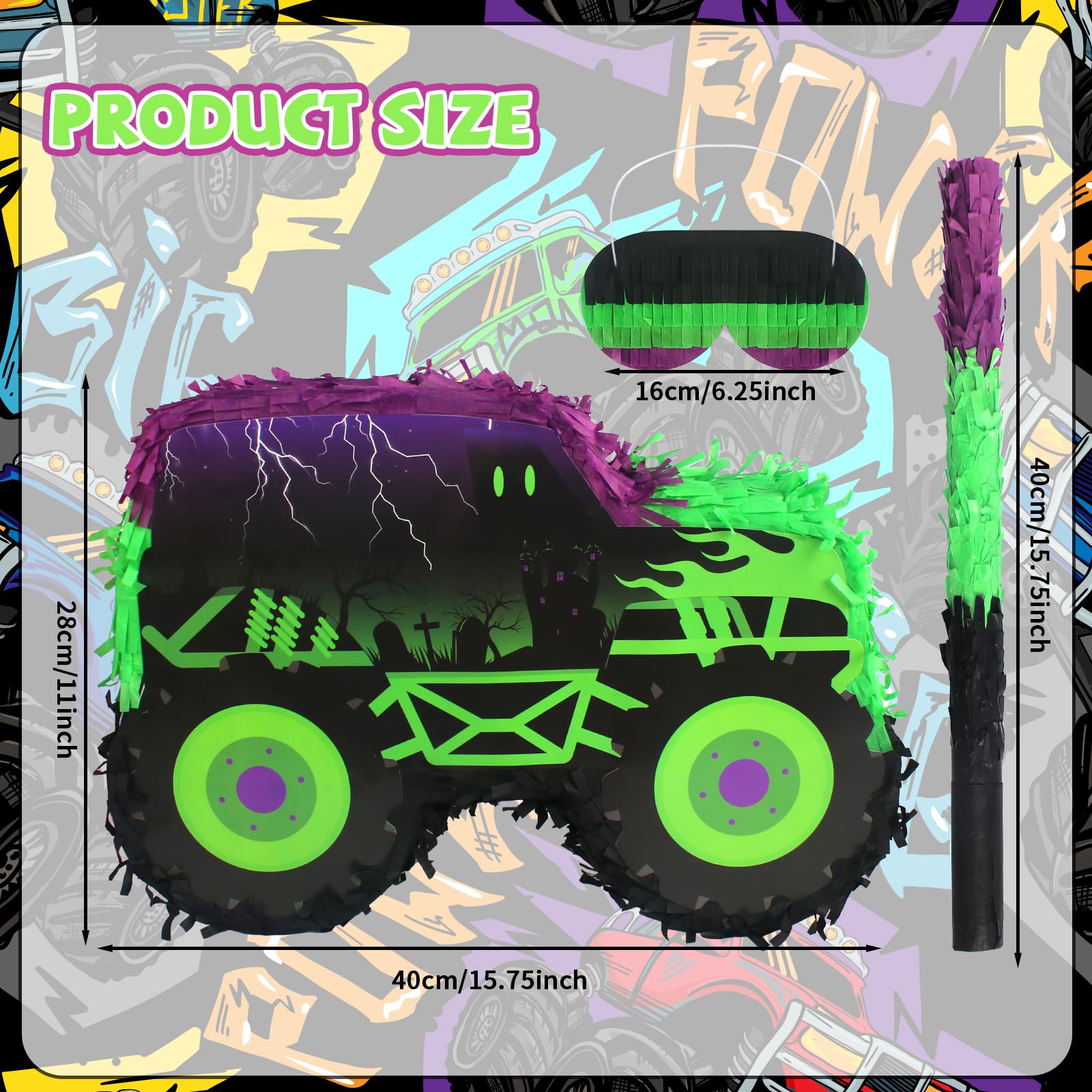 Kedaijin Green & Purple Monster Truck Pinata – Small (15.75x11x2.36 in) with Stick & Blindfold