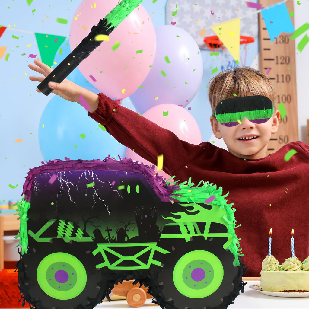 Kedaijin Green & Purple Monster Truck Pinata – Small (15.75x11x2.36 in) with Stick & Blindfold