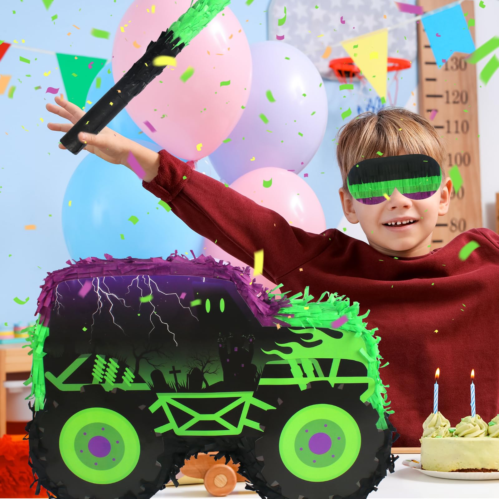 Kedaijin Green & Purple Monster Truck Pinata – Small (15.75x11x2.36 in) with Stick & Blindfold