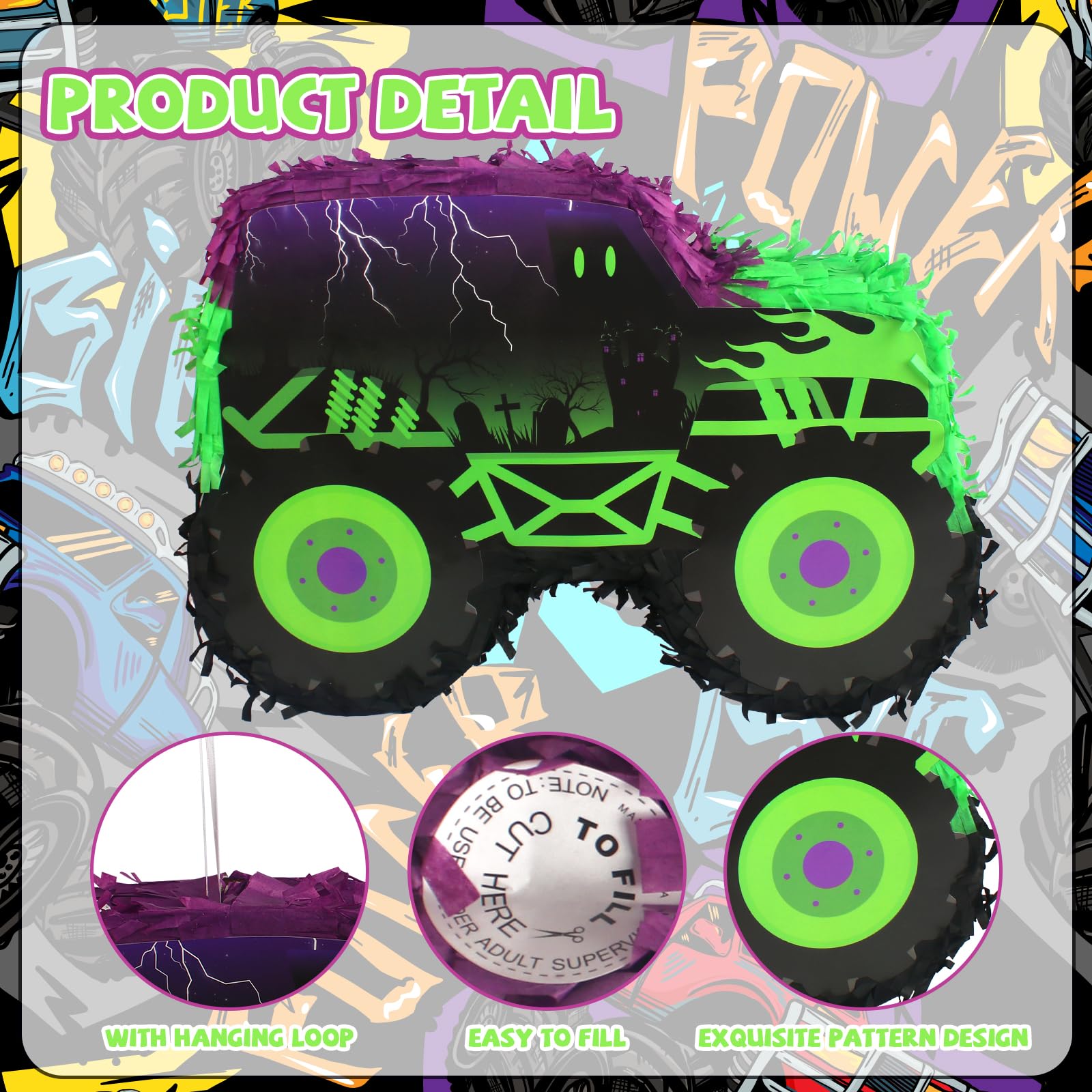 Kedaijin Green & Purple Monster Truck Pinata – Small (15.75x11x2.36 in) with Stick & Blindfold