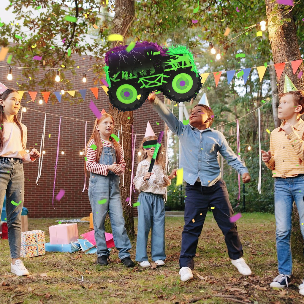 Kedaijin Green & Purple Monster Truck Pinata – Small (15.75x11x2.36 in) with Stick & Blindfold