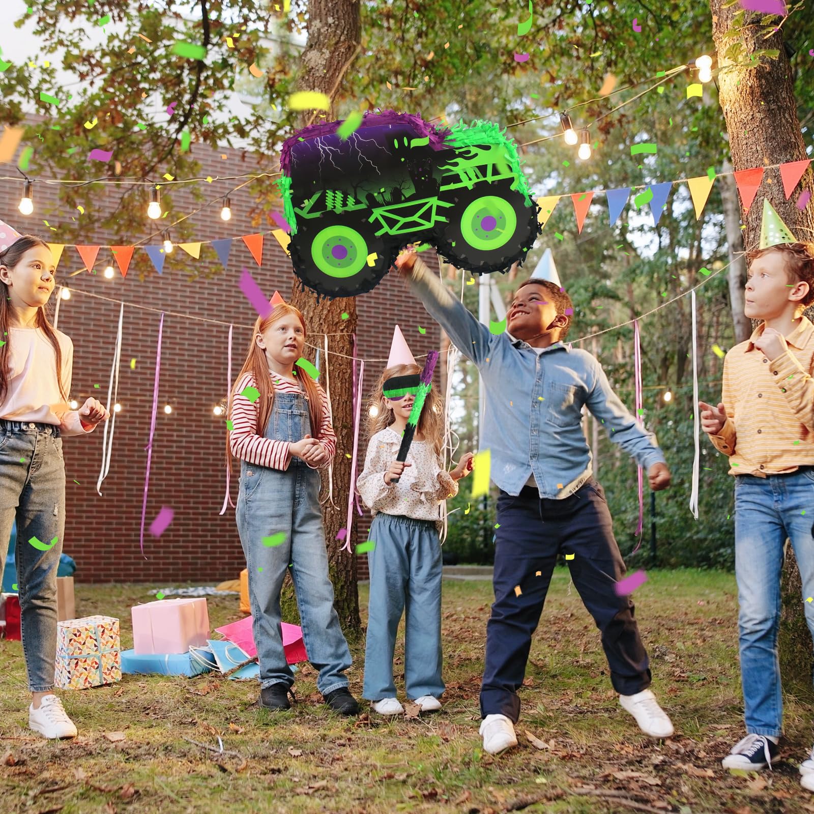 Kedaijin Green & Purple Monster Truck Pinata – Small (15.75x11x2.36 in) with Stick & Blindfold