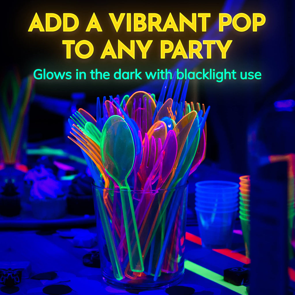 Kedudes Neon Glow Party Supplies — Serves 32, Plates, Cups, Napkins & Utensils