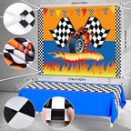 KELENO 131 Wheels Race Car Party Decorations Kit | Balloons, Backdrop & Racetrack Tablecloth