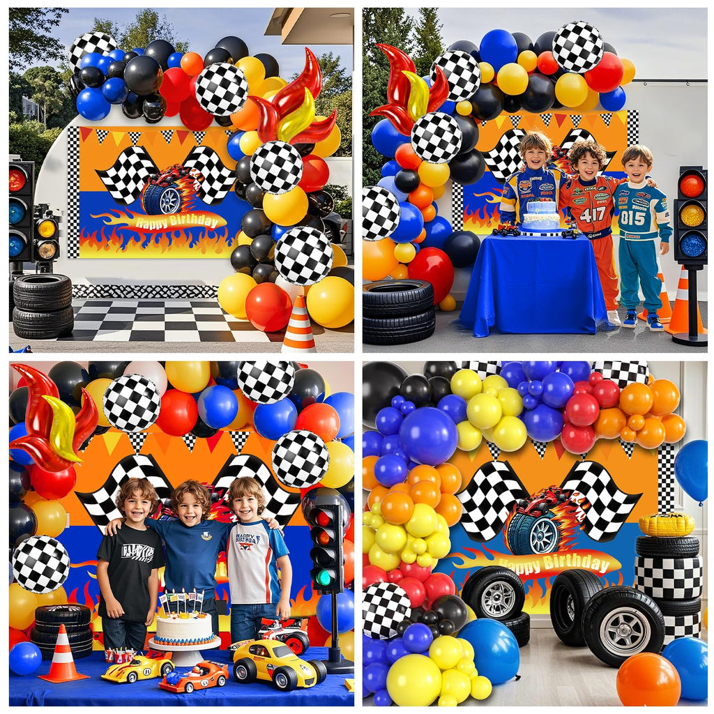 KELENO 131 Wheels Race Car Party Decorations Kit | Balloons, Backdrop & Racetrack Tablecloth