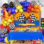 KELENO 131 Wheels Race Car Party Decorations Kit | Balloons, Backdrop & Racetrack Tablecloth