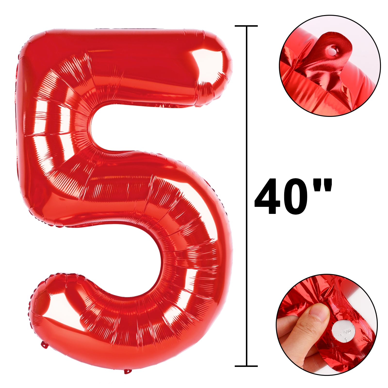 Kelfuoya Red Number 5 Balloons – 40-Inch Foil Balloons for 5th Birthday & Anniversary Celebrations