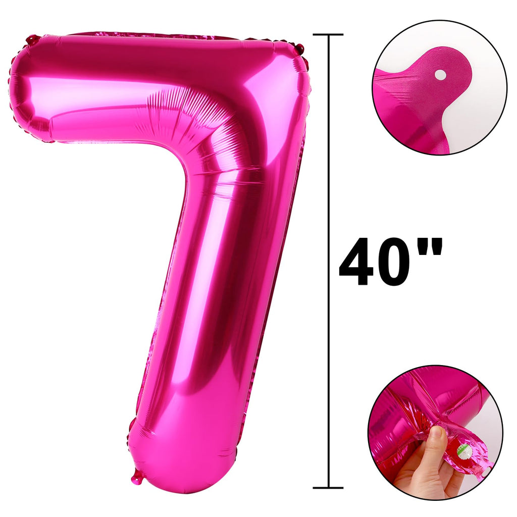 Kelfuoya Rose Red Number 7 Balloon - 40-Inch Jumbo Mylar Hot Pink Number Balloons for Birthday, Anniversary & Party Decor
