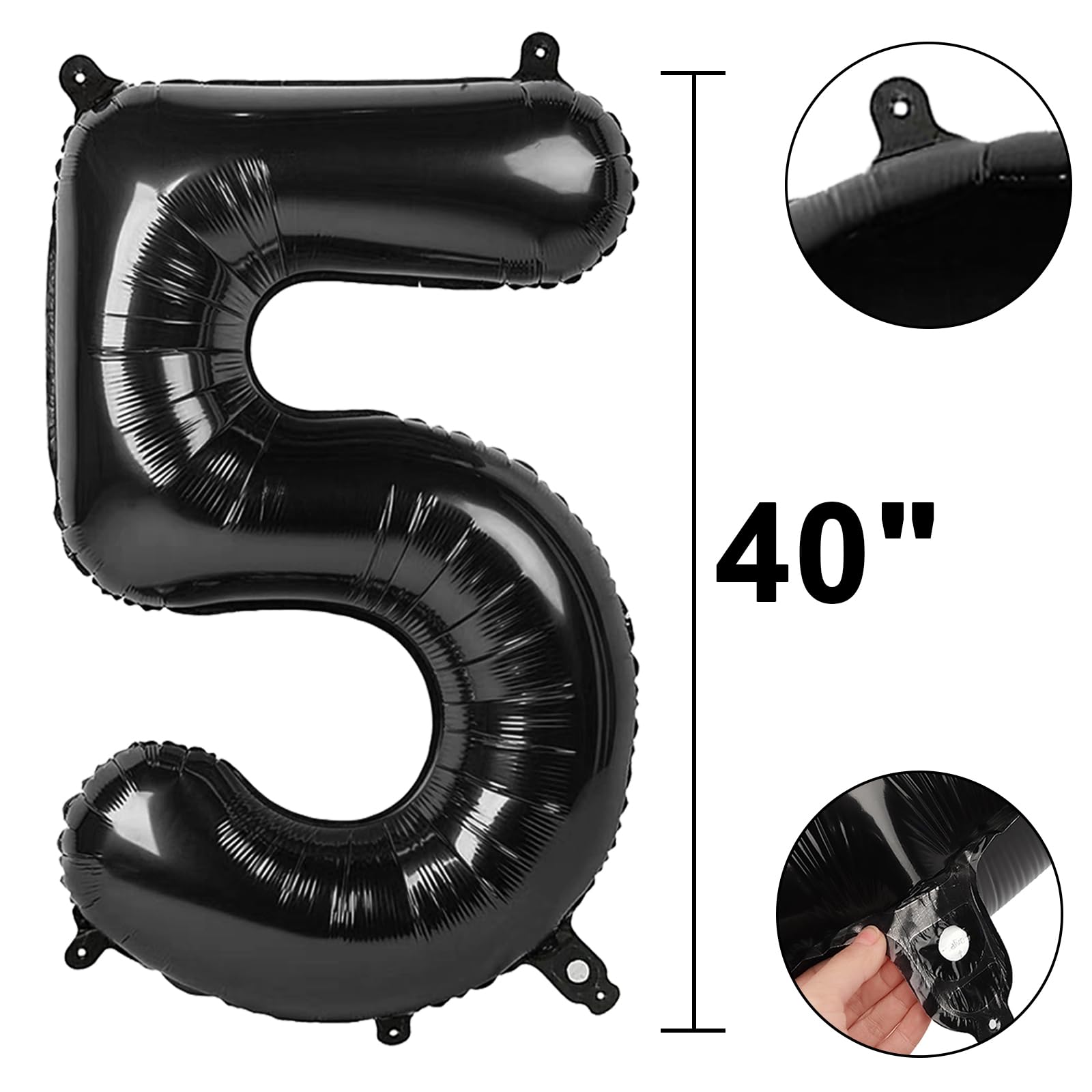 Kelfuoya 40 Inch Black Number 5 Foil Balloon - Giant Milestone Party Balloons