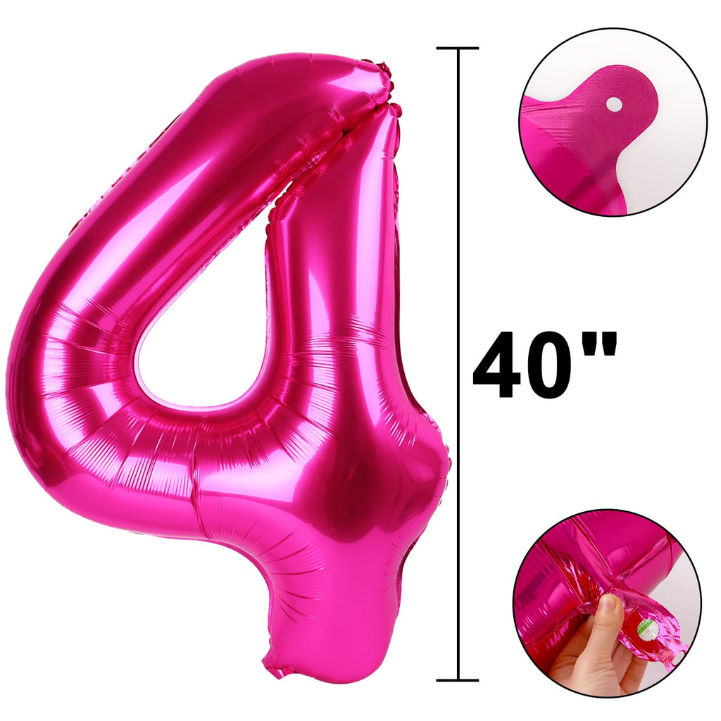 Kelfuoya Rose Red Number 4 Balloon – 40-Inch Hot Pink Foil Balloons for Birthday Parties