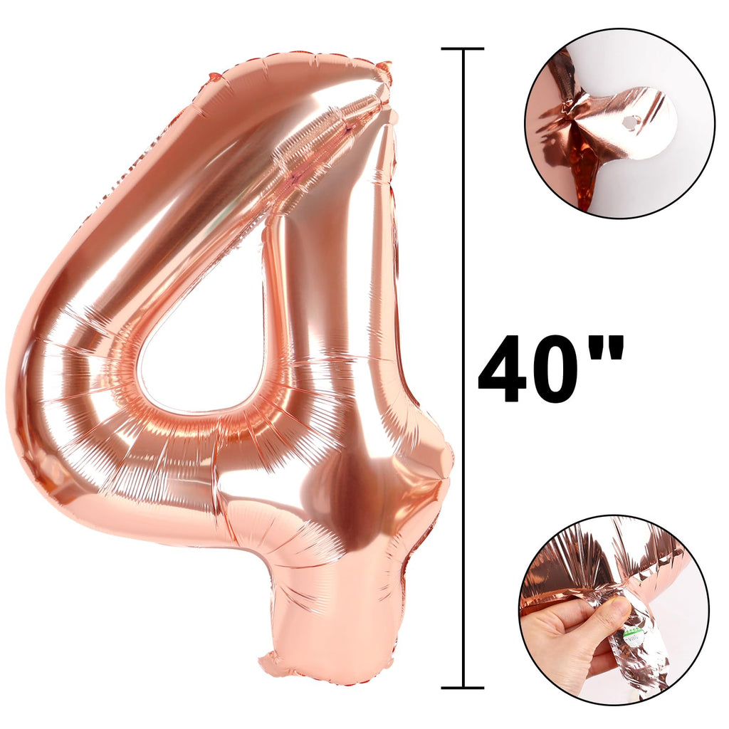Kelfuoya Rose Gold Number 4 Balloons - 40 Inch Giant Foil Mylar for Birthdays & Celebrations