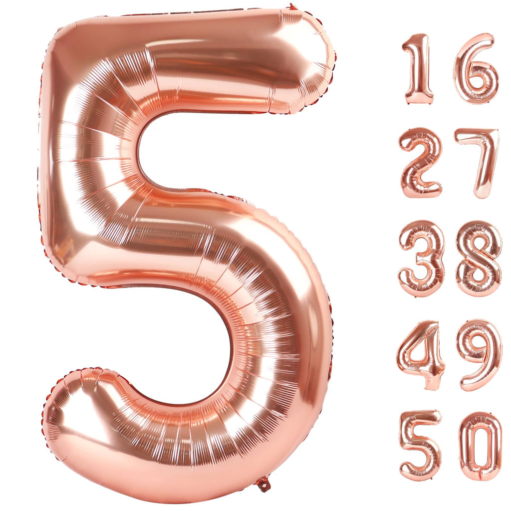 Kelfuoya Rose Gold Number 5 Balloons – 40-Inch Giant Foil Mylar, Champagne Gold for Birthdays & Anniversaries