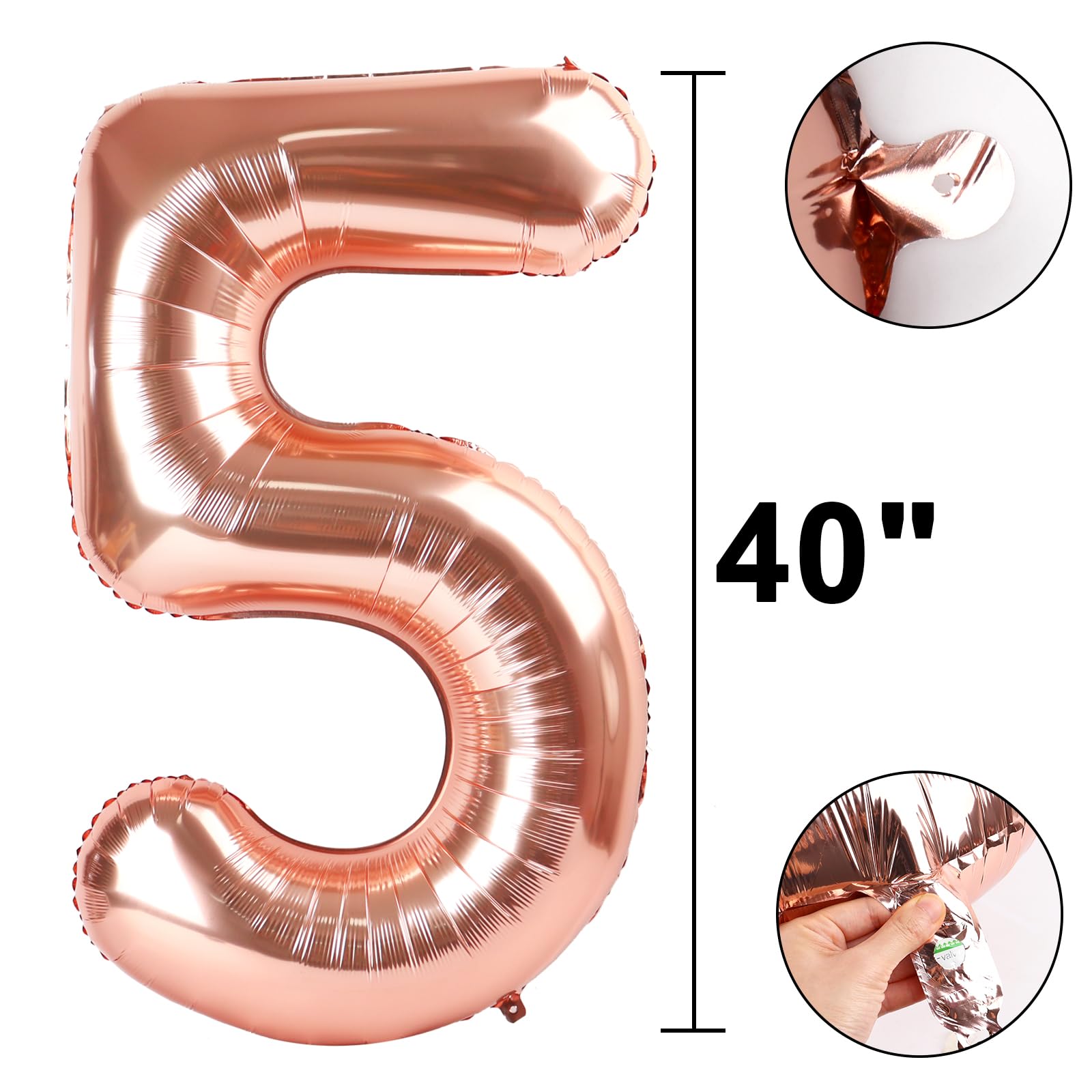 Kelfuoya Rose Gold Number 5 Balloons – 40-Inch Giant Foil Mylar, Champagne Gold for Birthdays & Anniversaries