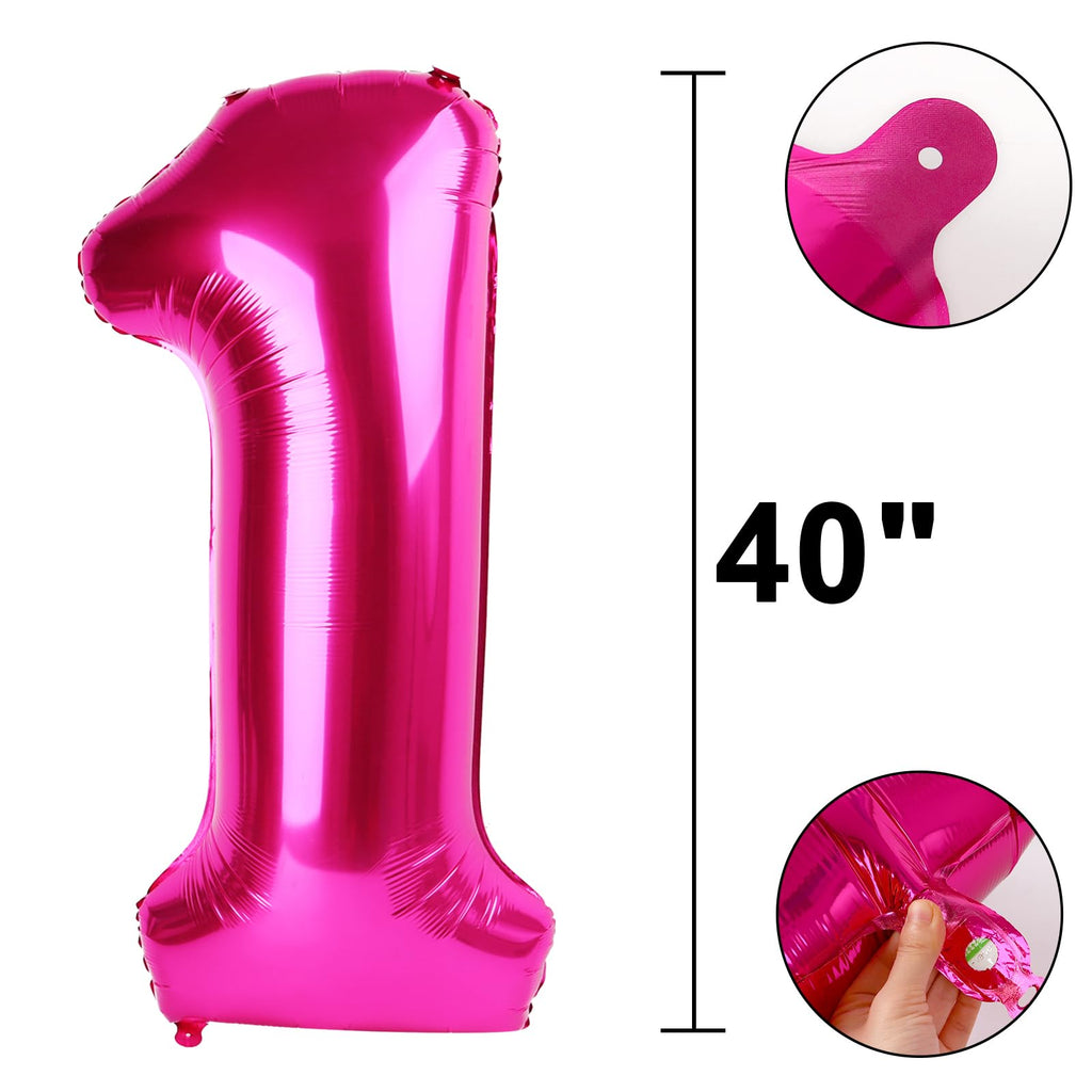 Kelfuoya Hot Pink 40-Inch Number 1 Balloon – Rose Red Jumbo Mylar Balloons for 1st Birthday & Celebrations
