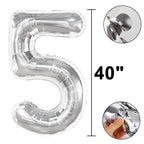 Kelfuoya 40in Silver Number Balloons – 5th Birthday & Anniversary Decor
