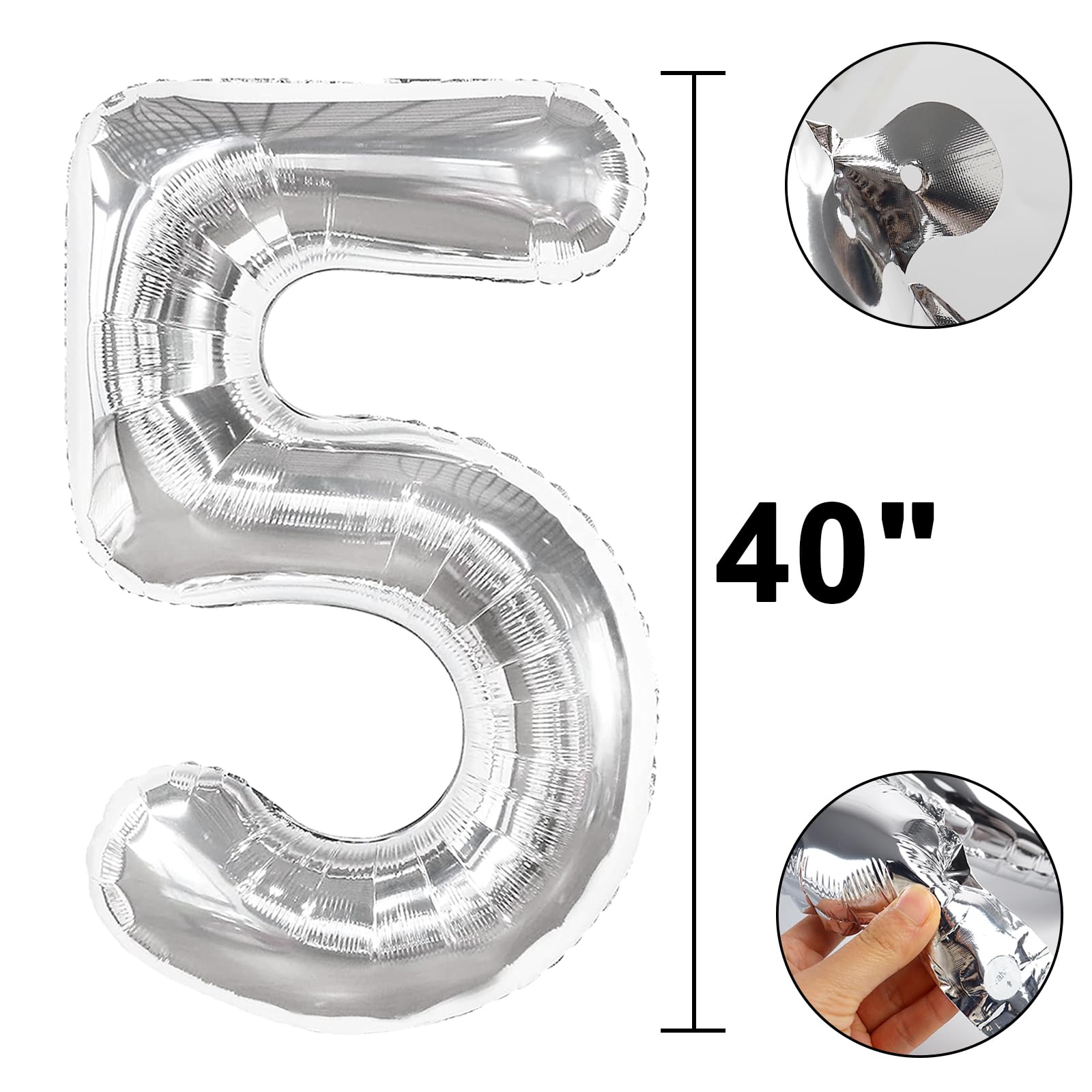Kelfuoya 40in Silver Number Balloons – 5th Birthday & Anniversary Decor