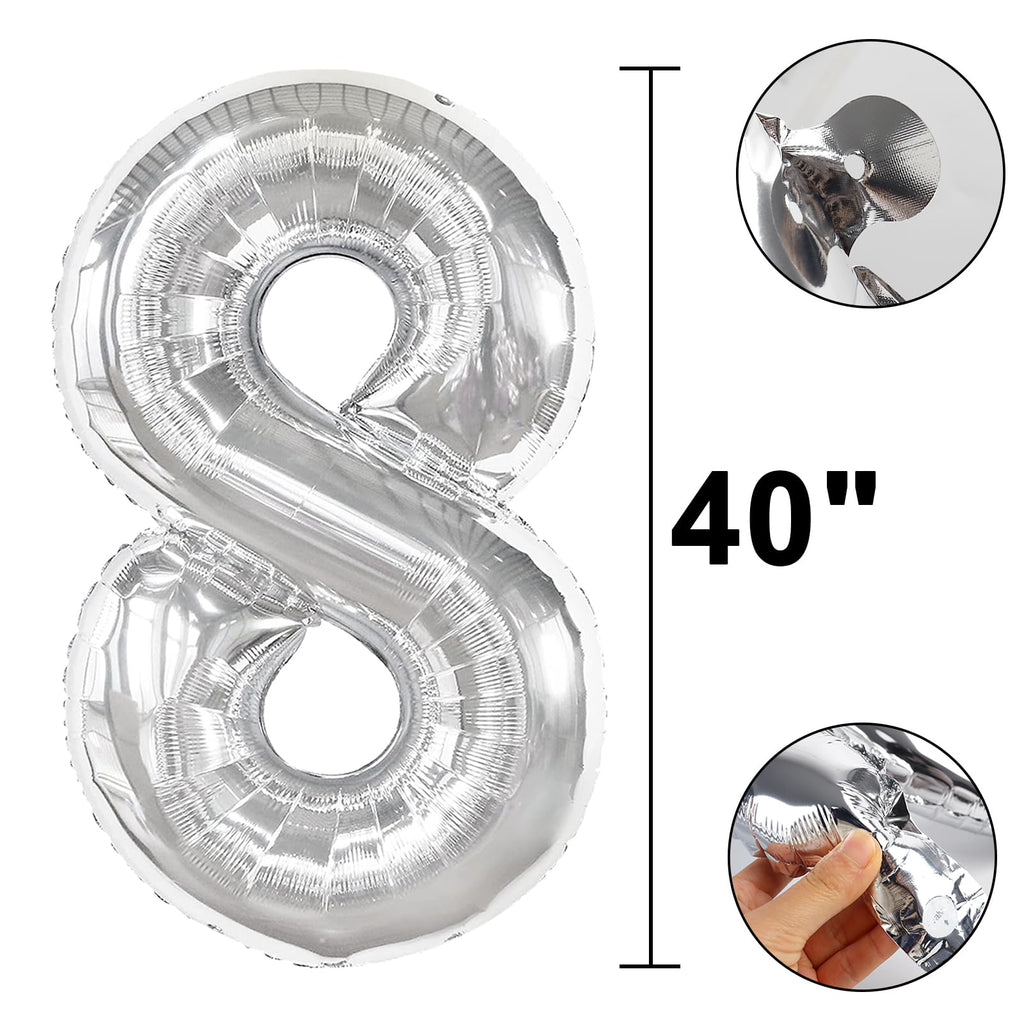 Kelfuoya 40 Inch Silver 8 Number Balloon – Jumbo Mylar Foil Balloons for Birthdays & Anniversaries