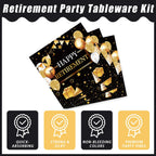 Kepeel 96 Pcs Retirement Party Plates & Napkins Set – Gold & Black Celebration Kit for 24