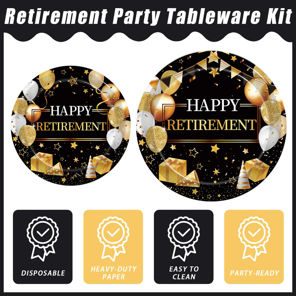 Kepeel 96 Pcs Retirement Party Plates & Napkins Set – Gold & Black Celebration Kit for 24
