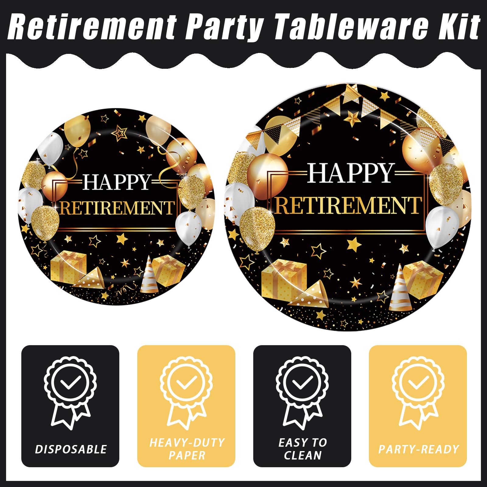 Kepeel 96 Pcs Retirement Party Plates & Napkins Set – Gold & Black Celebration Kit for 24