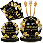 Kepeel 96 Pcs Retirement Party Plates & Napkins Set – Gold & Black Celebration Kit for 24
