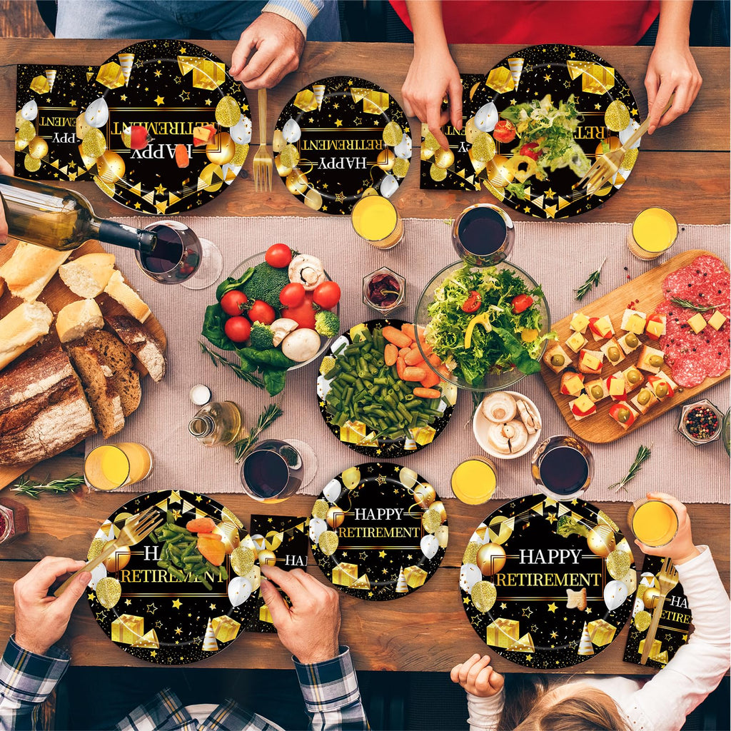 Kepeel 96 Pcs Retirement Party Plates & Napkins Set – Gold & Black Celebration Kit for 24