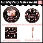 Kepeel 96 Pcs Rose Gold Birthday Party Tableware for 24 | Plates, Napkins & Cutlery