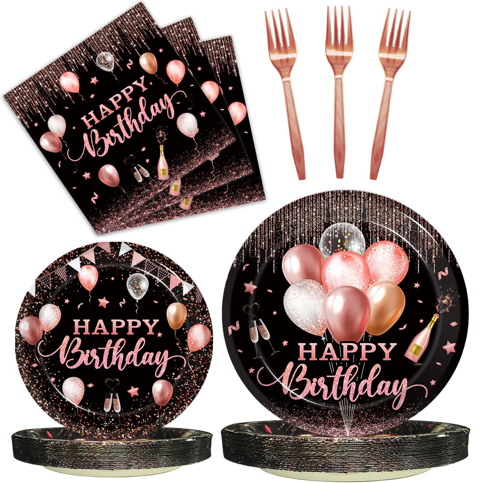 Kepeel 96 Pcs Rose Gold Birthday Party Tableware for 24 | Plates, Napkins & Cutlery