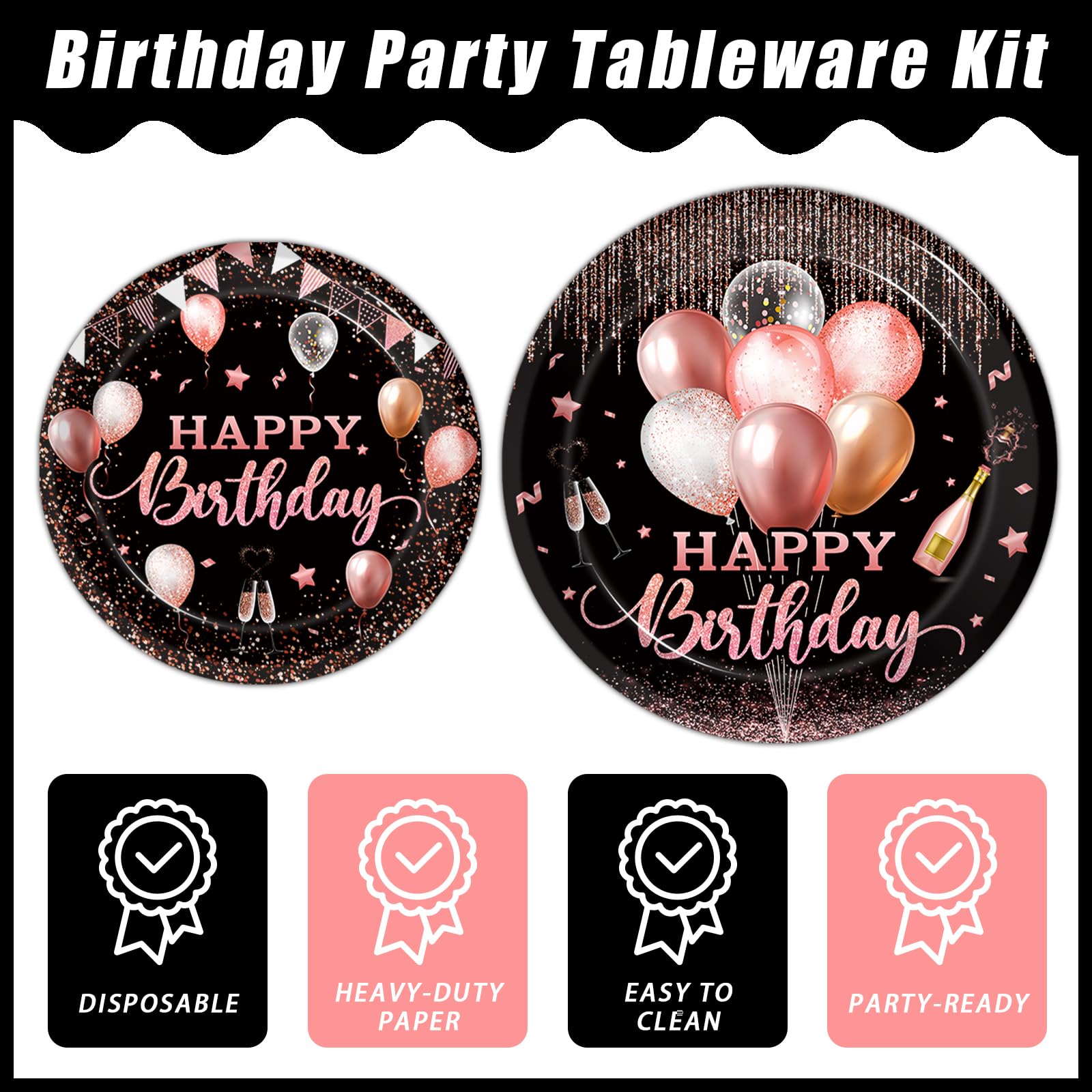 Kepeel 96 Pcs Rose Gold Birthday Party Tableware for 24 | Plates, Napkins & Cutlery