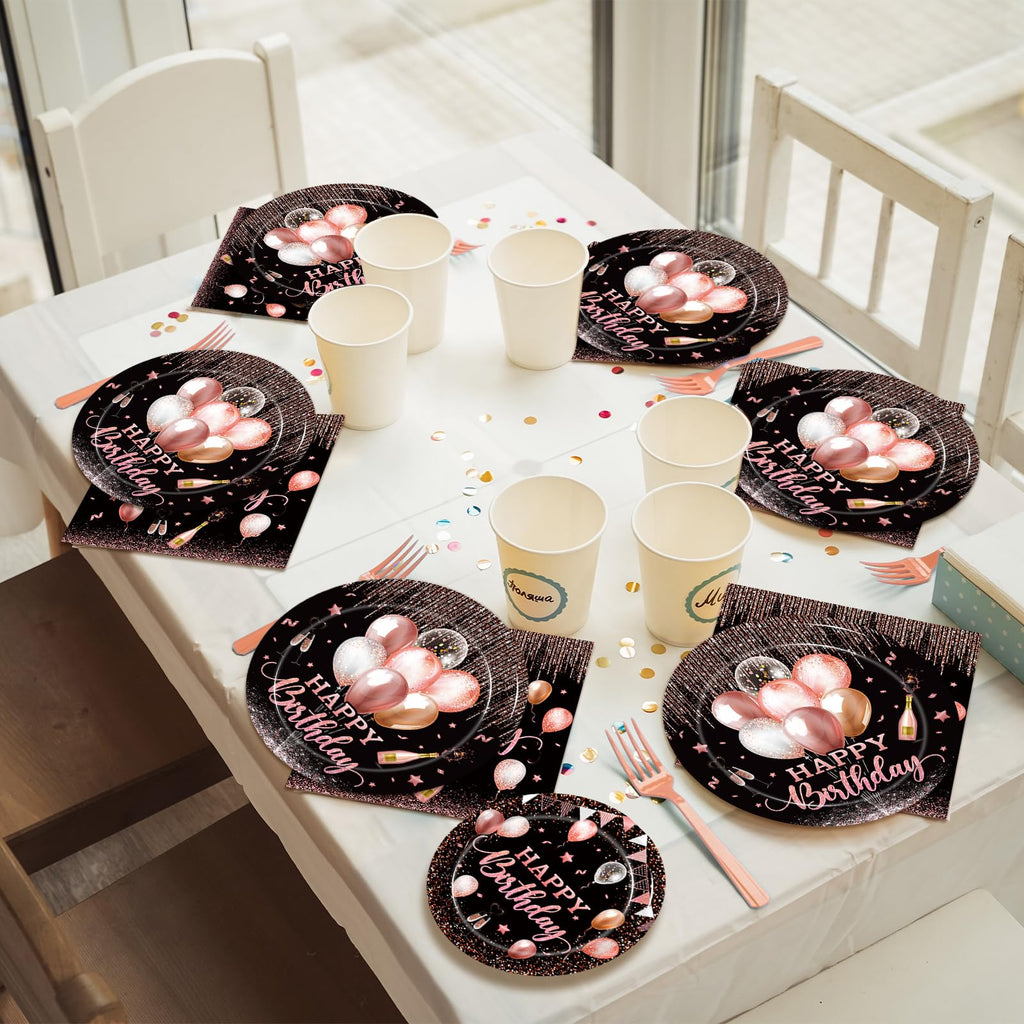 Kepeel 96 Pcs Rose Gold Birthday Party Tableware for 24 | Plates, Napkins & Cutlery