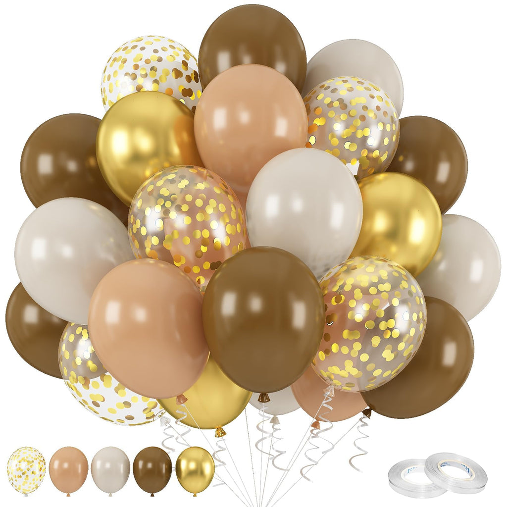 KEPMOV Brown and Gold Balloons Set – 60 Latex 12in Balloons with Confetti