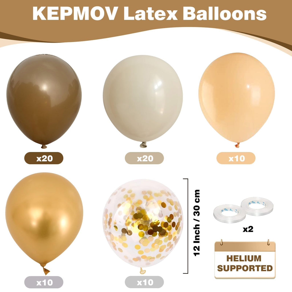 KEPMOV Brown and Gold Balloons Set – 60 Latex 12in Balloons with Confetti