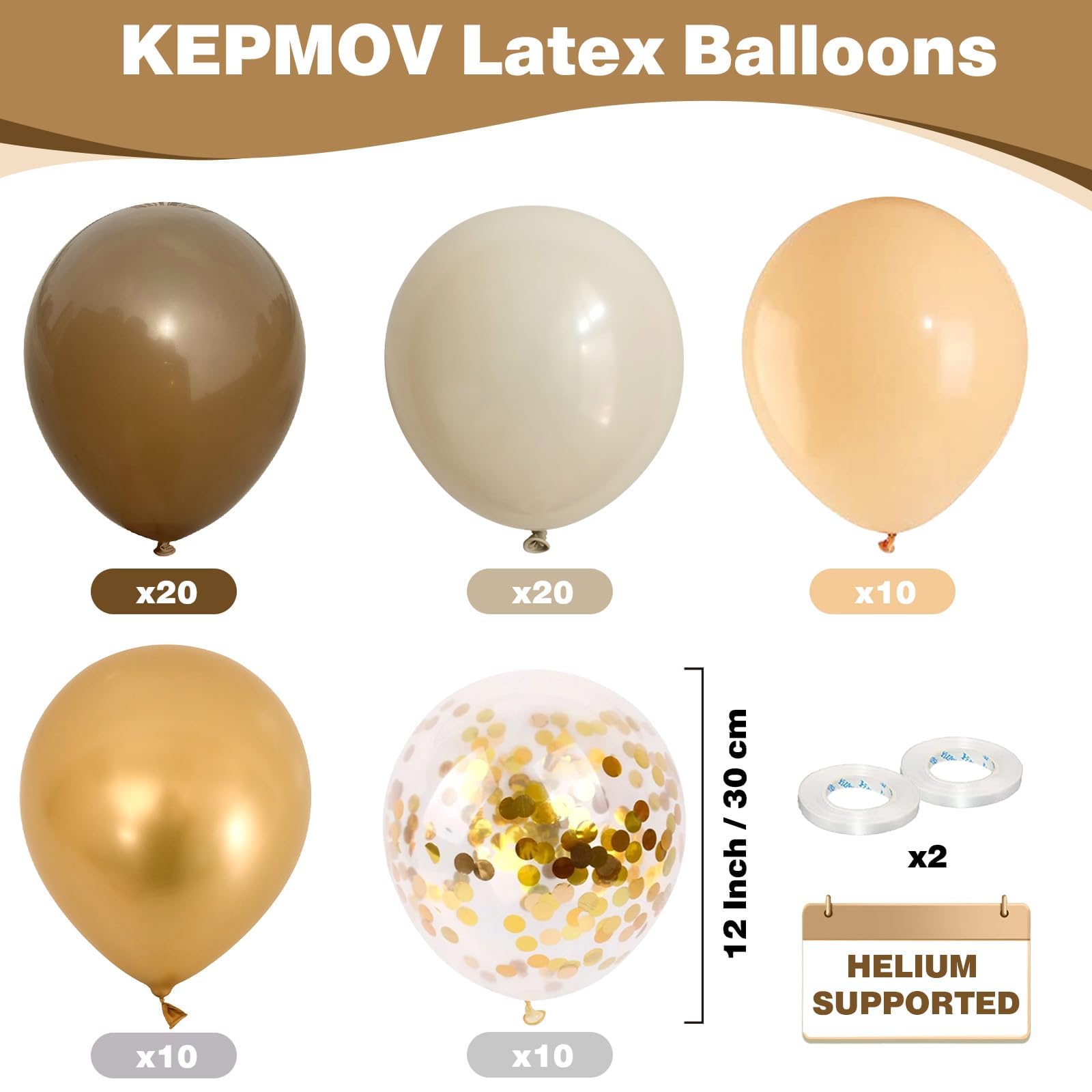 KEPMOV Brown and Gold Balloons Set – 60 Latex 12in Balloons with Confetti