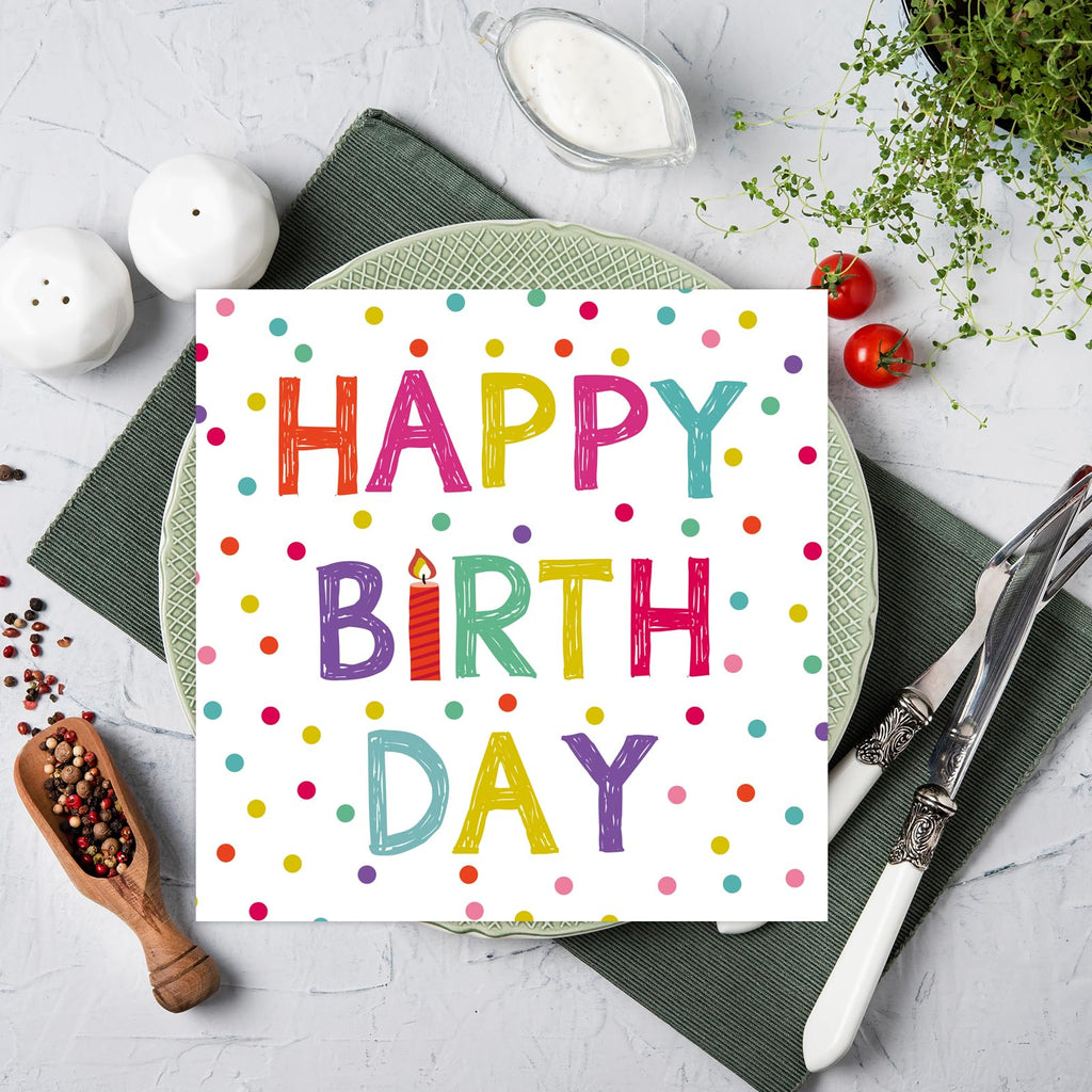 KFJBPB 50 Pcs Birthday Napkins – 13x13 Inches, Colorful Dots, Disposable Cocktail Napkins for Birthday Party