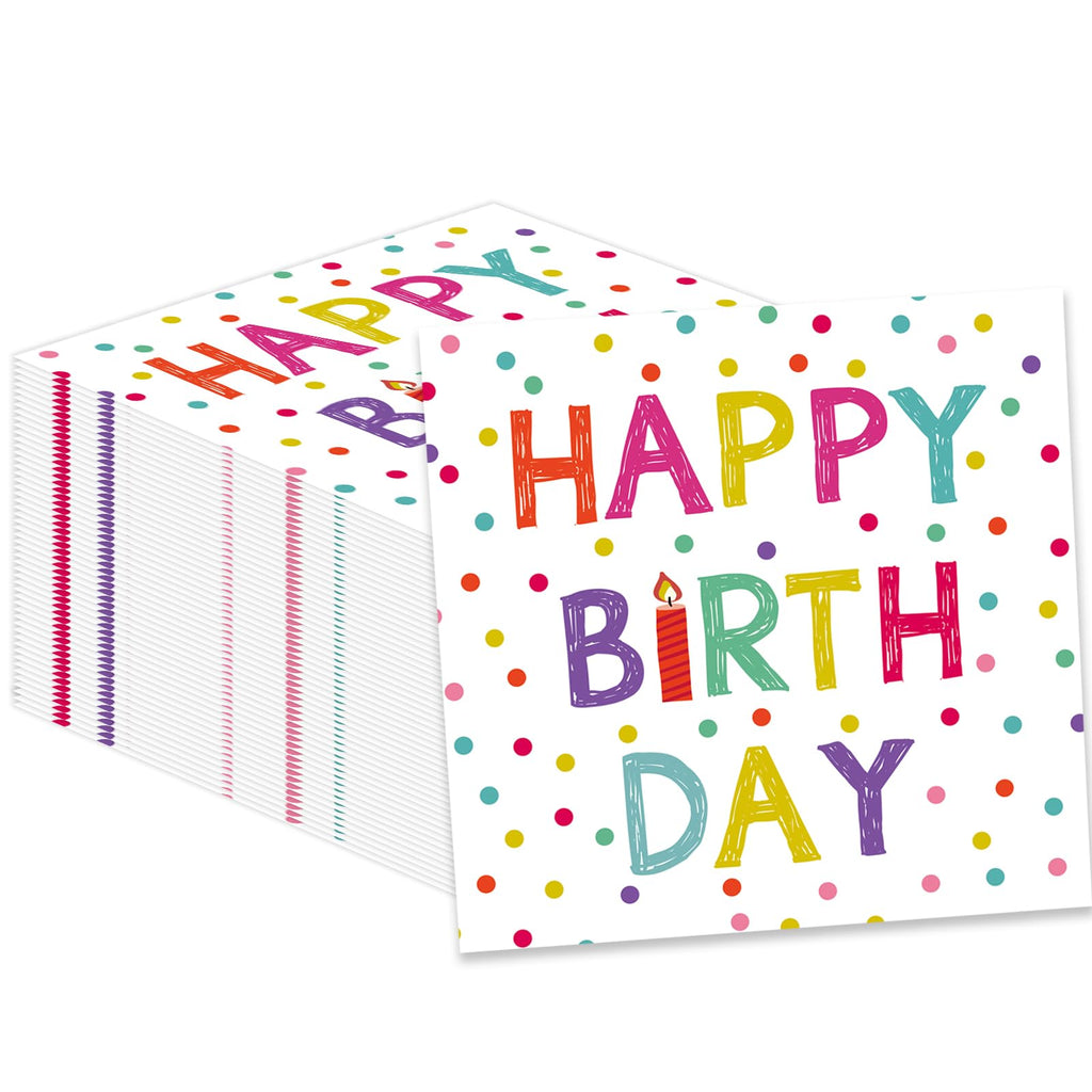 KFJBPB 50 Pcs Birthday Napkins – 13x13 Inches, Colorful Dots, Disposable Cocktail Napkins for Birthday Party
