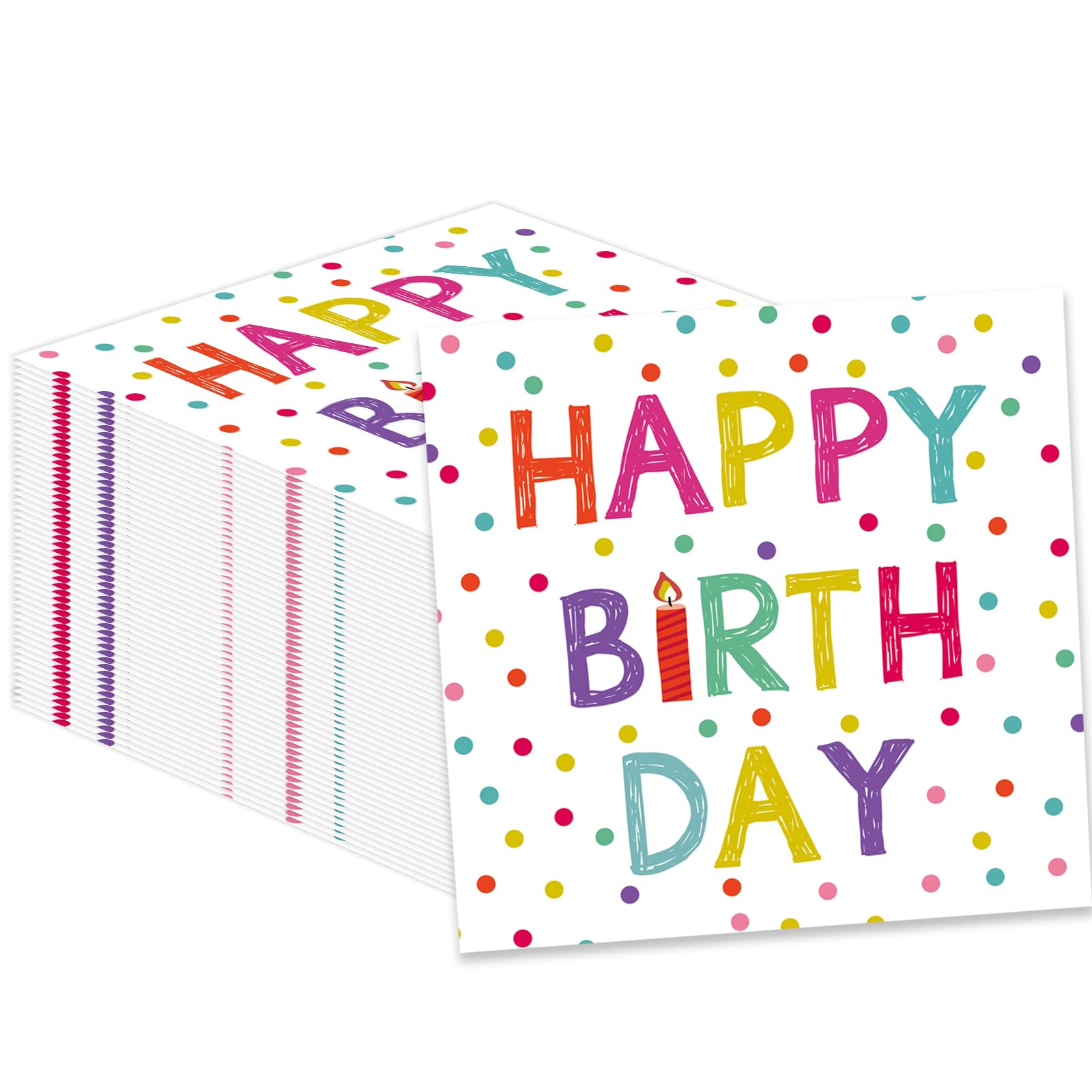 KFJBPB 50 Pcs Birthday Napkins – 13x13 Inches, Colorful Dots, Disposable Cocktail Napkins for Birthday Party