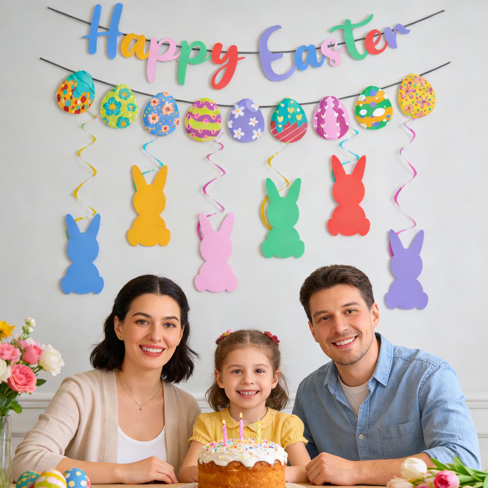 KFJBPB Happy Easter Banner Set — Bunny Garlands, Egg Cutouts & Swirls for Home & Classroom