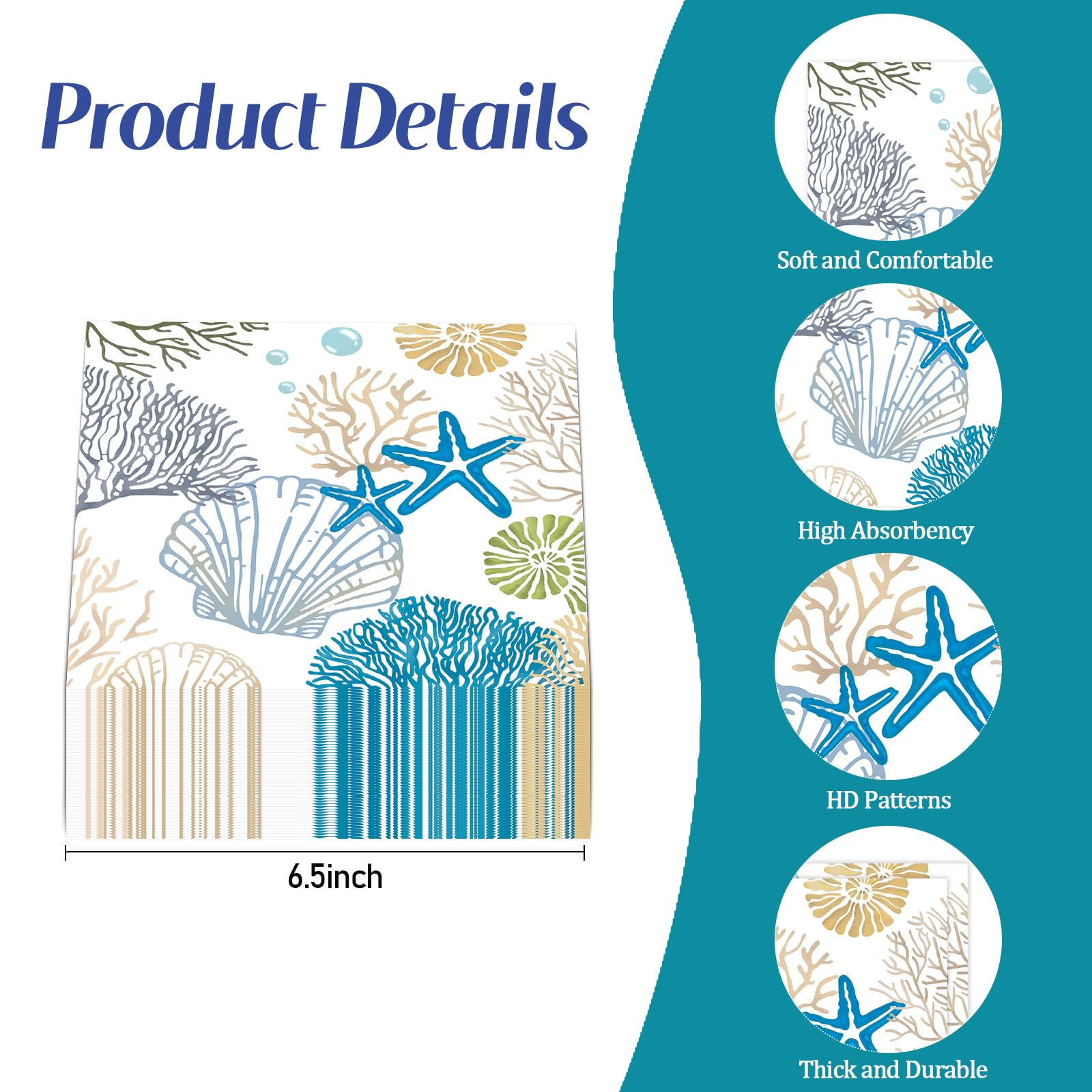 KFJBPB 50 Pcs Ocean Seashell Napkins – 13 x 13 Inches | Coastal Beach Disposable Napkins