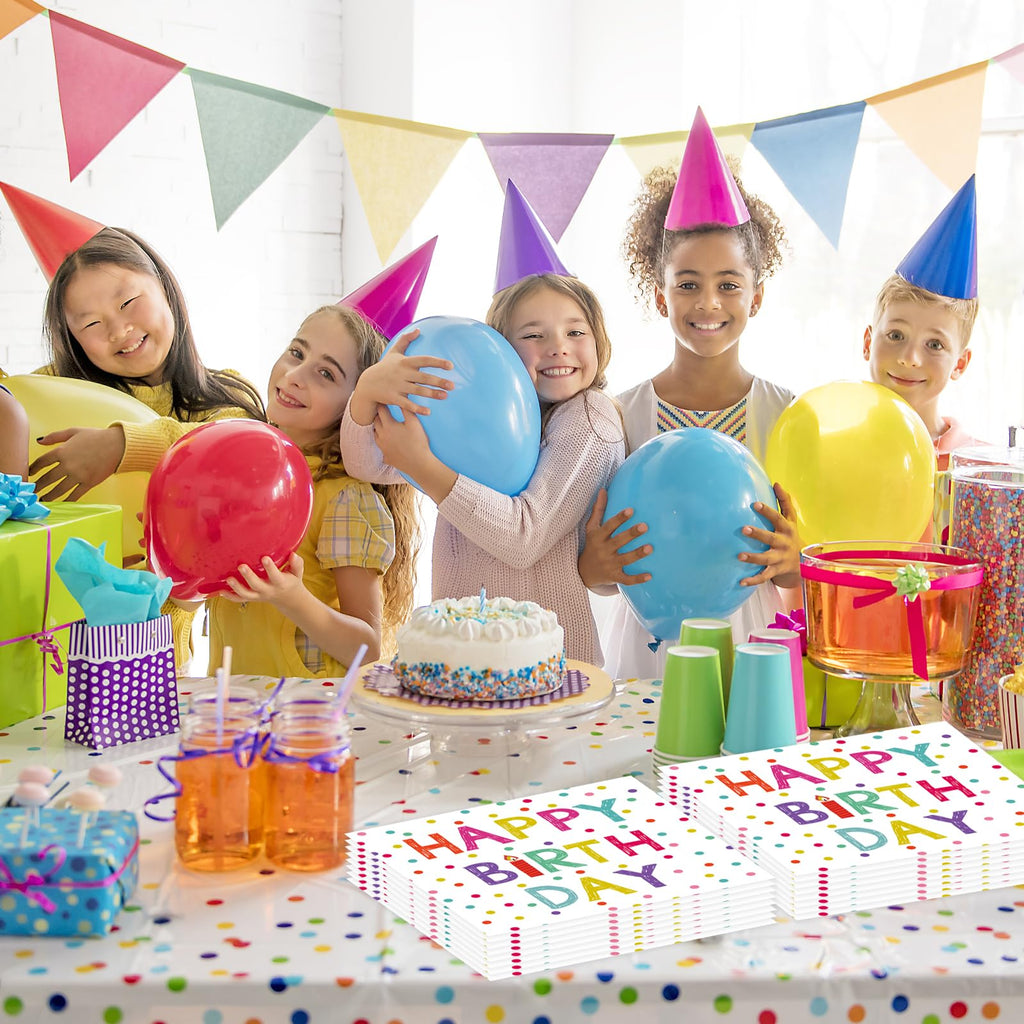 KFJBPB 50 Pcs Birthday Napkins – 13x13 Inches, Colorful Dots, Disposable Cocktail Napkins for Birthday Party