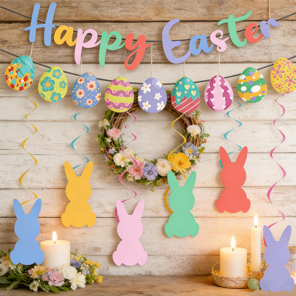 KFJBPB Happy Easter Banner Set — Bunny Garlands, Egg Cutouts & Swirls for Home & Classroom