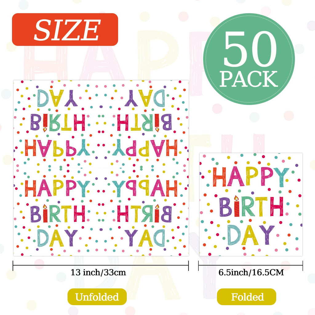 KFJBPB 50 Pcs Birthday Napkins – 13x13 Inches, Colorful Dots, Disposable Cocktail Napkins for Birthday Party