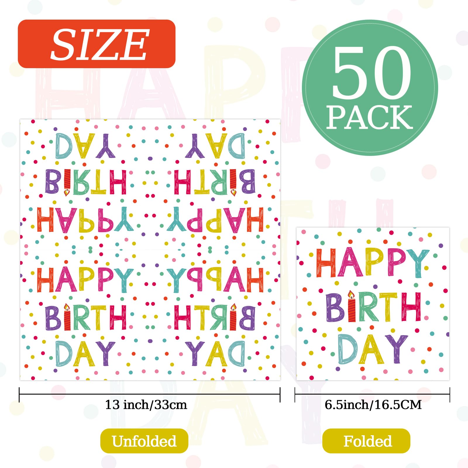 KFJBPB 50 Pcs Birthday Napkins – 13x13 Inches, Colorful Dots, Disposable Cocktail Napkins for Birthday Party