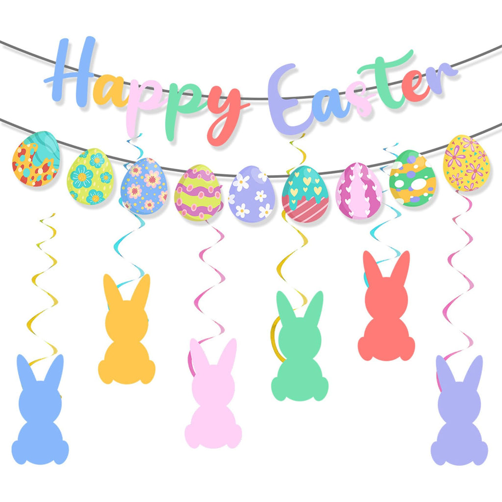 KFJBPB Happy Easter Banner Set — Bunny Garlands, Egg Cutouts & Swirls for Home & Classroom