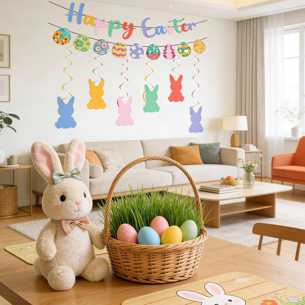 KFJBPB Happy Easter Banner Set — Bunny Garlands, Egg Cutouts & Swirls for Home & Classroom