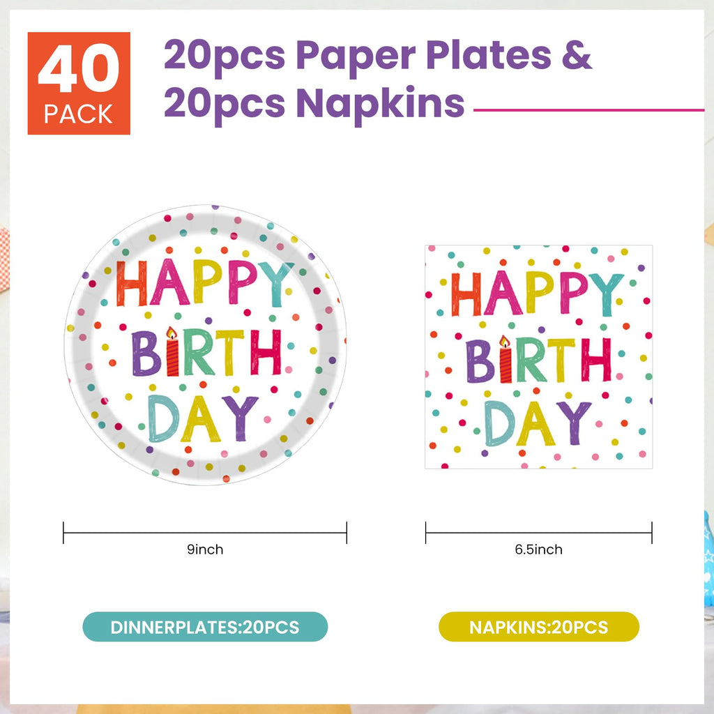 KFJBPB 40 Pcs Birthday Plates & Napkins Set – Disposable Tableware with Dots Design for 20 Guests