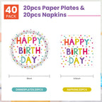 KFJBPB 40 Pcs Birthday Plates & Napkins Set – Disposable Tableware with Dots Design for 20 Guests