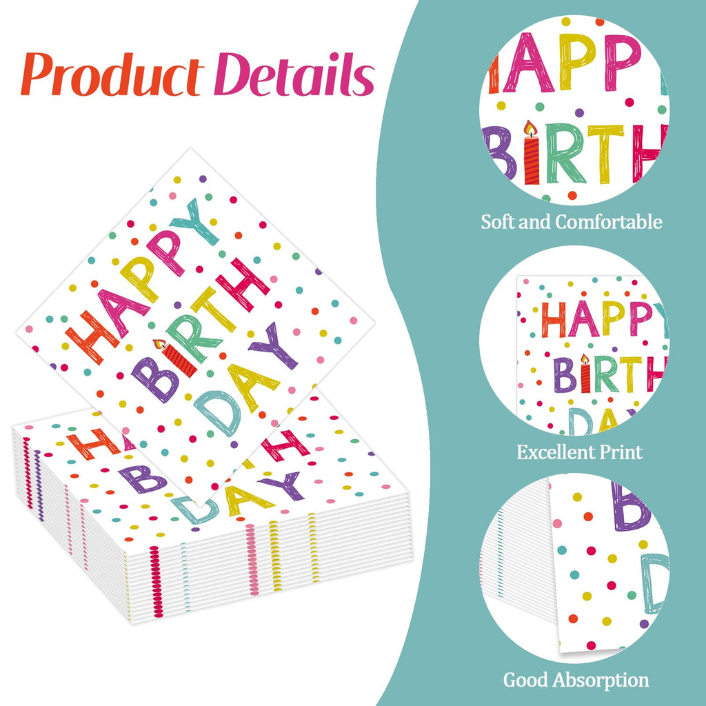 KFJBPB 50 Pcs Birthday Napkins – 13x13 Inches, Colorful Dots, Disposable Cocktail Napkins for Birthday Party