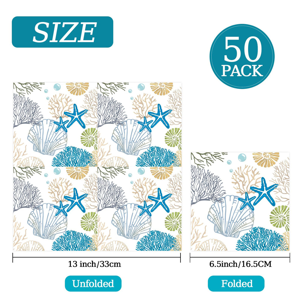 KFJBPB 50 Pcs Ocean Seashell Napkins – 13 x 13 Inches | Coastal Beach Disposable Napkins