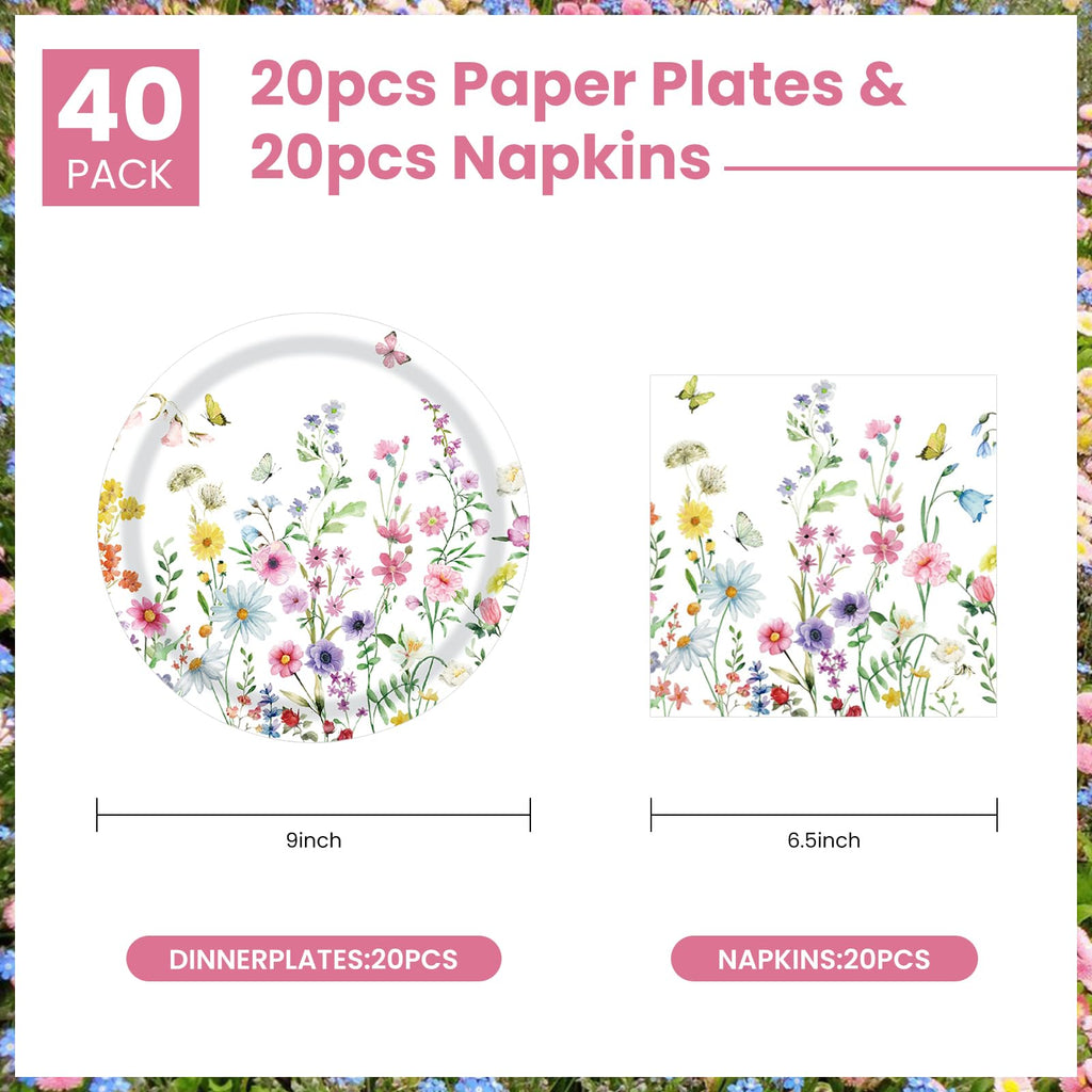 KFJBPB Wildflower Plates & Napkins Party Kit – 40 Pcs for 20 Guests